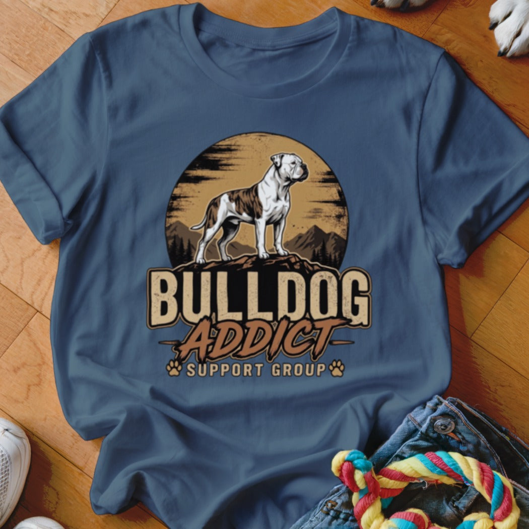 A blue t-shirt features a graphic of a bulldog with the text BULLDOG ADDICT SUPPORT GROUP.
