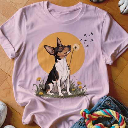 Light pink t-shirt featuring an illustration of a black, white, and brown dog blowing dandelion seeds.