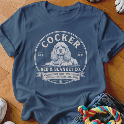 Blue t-shirt with Cocker Spaniel graphic and "Bed & Blanket Co." text.