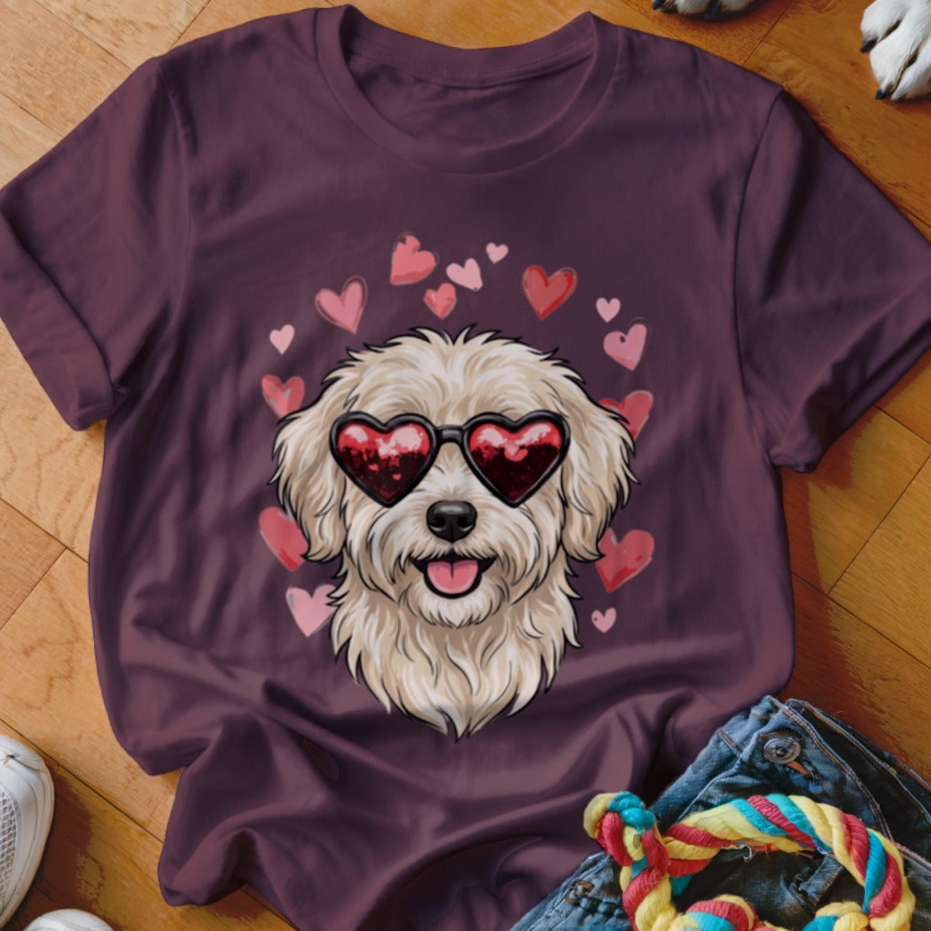 Maroon t-shirt featuring a graphic of a fluffy white dog wearing heart-shaped sunglasses surrounded by floating pink hearts.