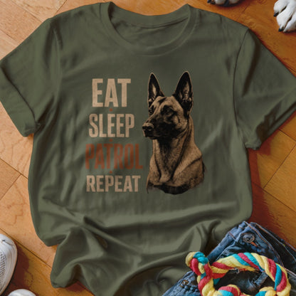Green t-shirt with "Eat Sleep Patrol Repeat" text and a dog graphic.