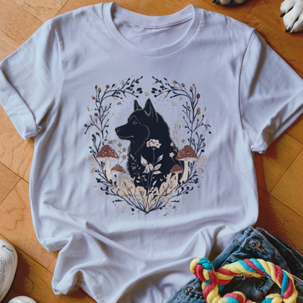 A white crewneck t-shirt featuring a graphic of a black dog surrounded by mushrooms and foliage.