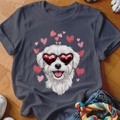 Dark gray t-shirt featuring a graphic of a white fluffy dog wearing heart-shaped sunglasses surrounded by pink hearts.