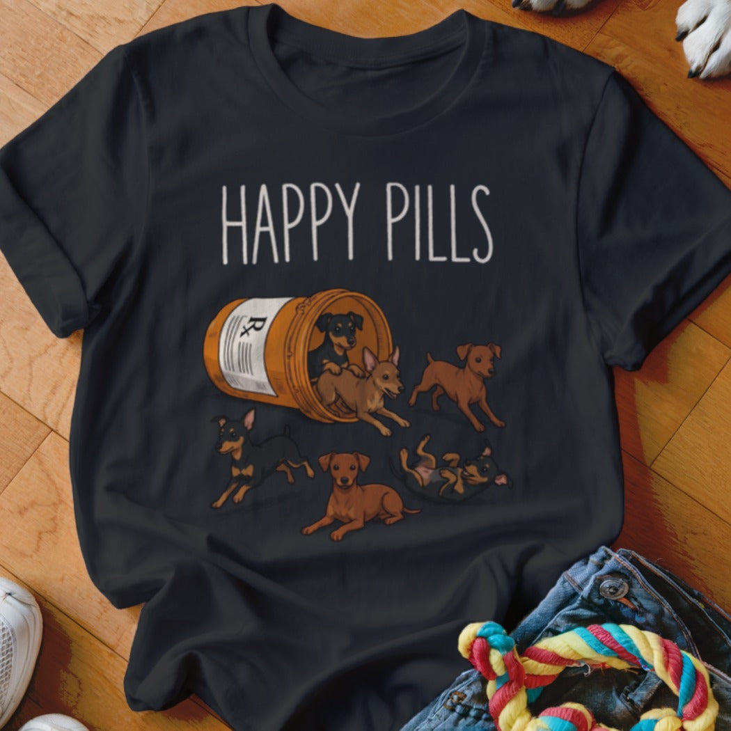 T-shirt with "HAPPY PILLS" text and cartoon dogs spilling from a prescription bottle.