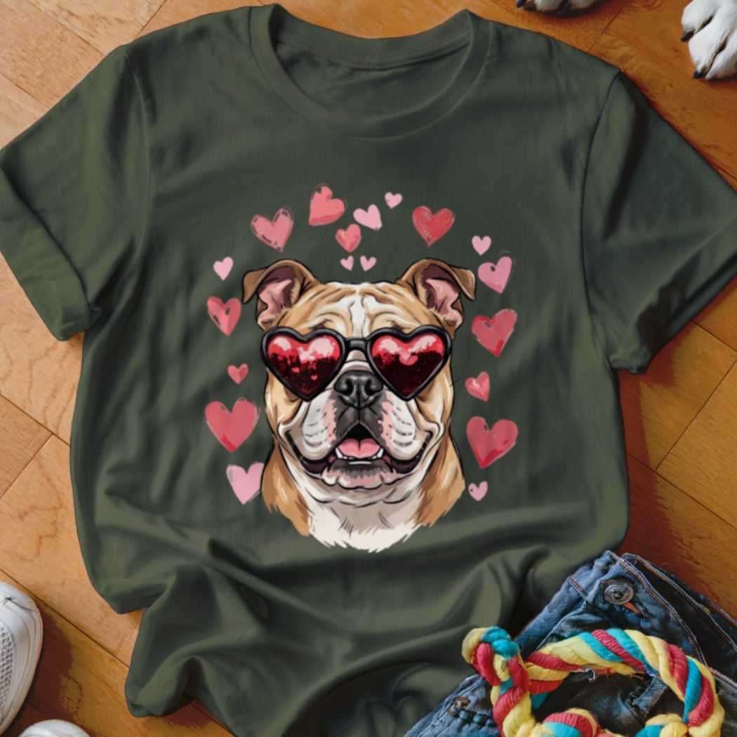 Dark green t-shirt featuring an illustration of an English bulldog wearing heart-shaped sunglasses, surrounded by floating pink hearts.