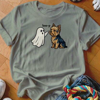 Yorkshire terrier being booped by a cartoon ghost with "boo-p" text.