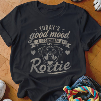 Dark t-shirt with Rottweiler graphic and text: "Today's good mood is sponsored by my Rottie."