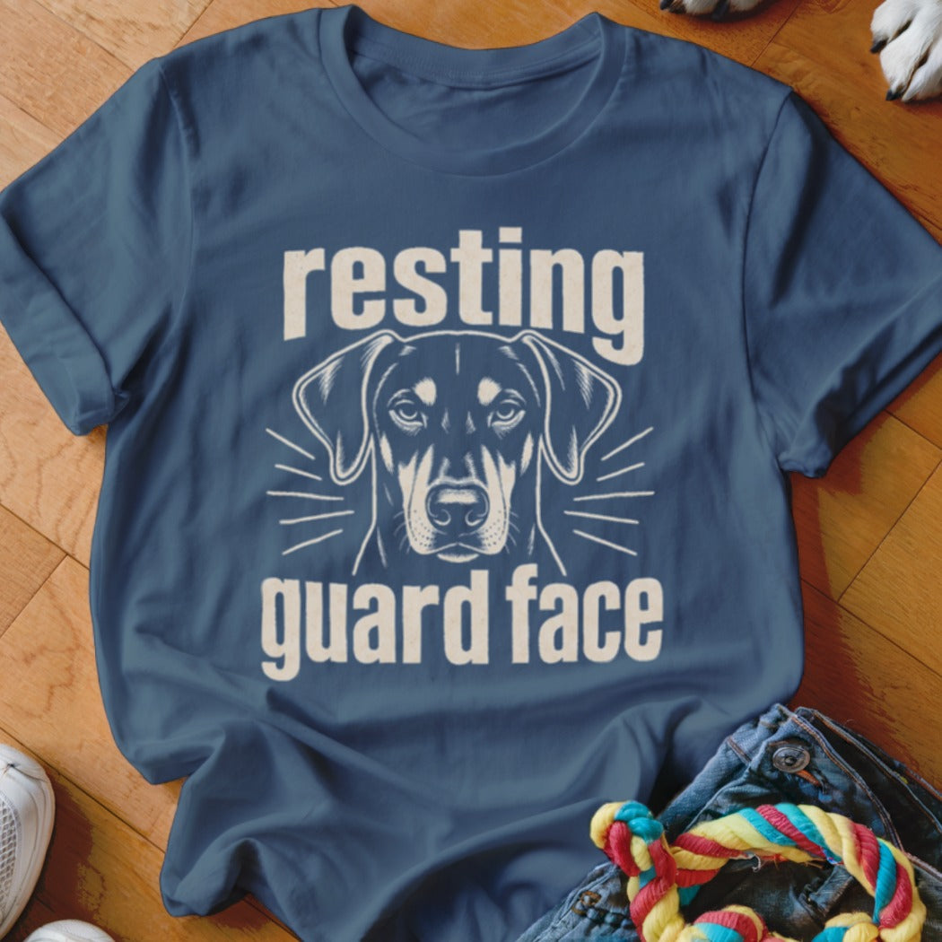 Navy t-shirt with a Doberman's face and text "resting guard face".