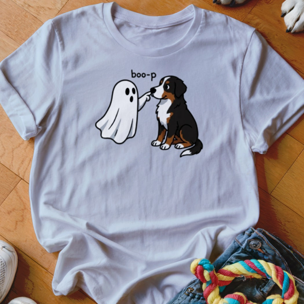 Bernese Mountain Dog with a ghost, text "boo-p" on a white t-shirt.