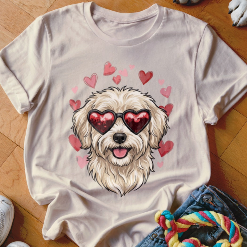 Beige t-shirt featuring a fluffy white dog wearing heart-shaped sunglasses, surrounded by pink hearts.