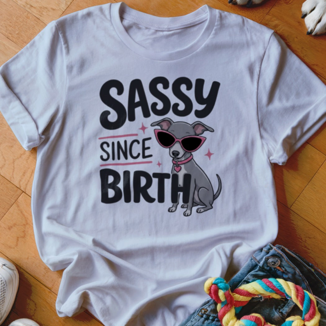 White t-shirt with "SASSY SINCE BIRTH" text and a cartoon dog wearing sunglasses.