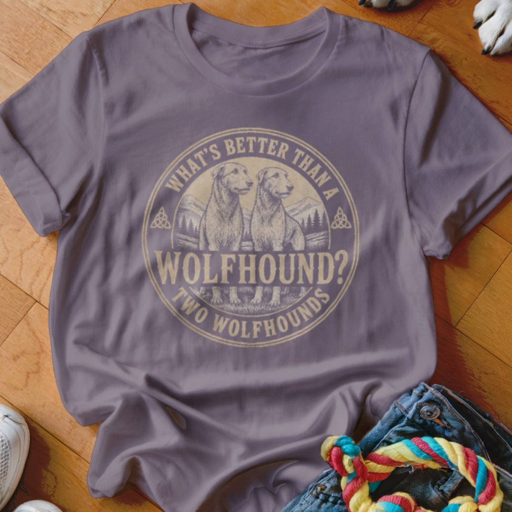 Purple t-shirt with "What's Better Than a Wolfhound? Two Wolfhounds" graphic.