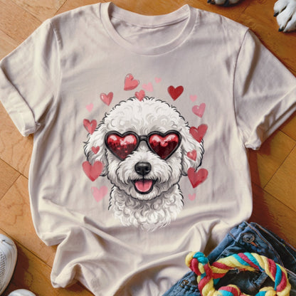 Light beige t-shirt featuring a graphic of a white fluffy dog wearing heart-shaped sunglasses, surrounded by pink hearts.