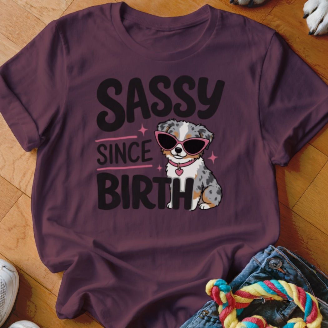Maroon t-shirt with "Sassy Since Birth" text and a dog wearing sunglasses.