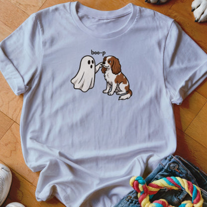 White t-shirt with cartoon ghost booping a brown and white dog, with text "boo-p".