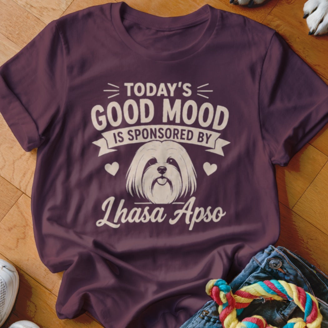 Maroon t-shirt with "Today's Good Mood Is Sponsored By Lhasa Apso" and dog graphic.