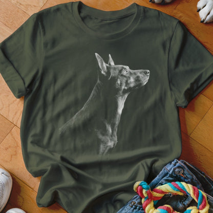 Dark green t-shirt with a grayscale Doberman dog portrait graphic.