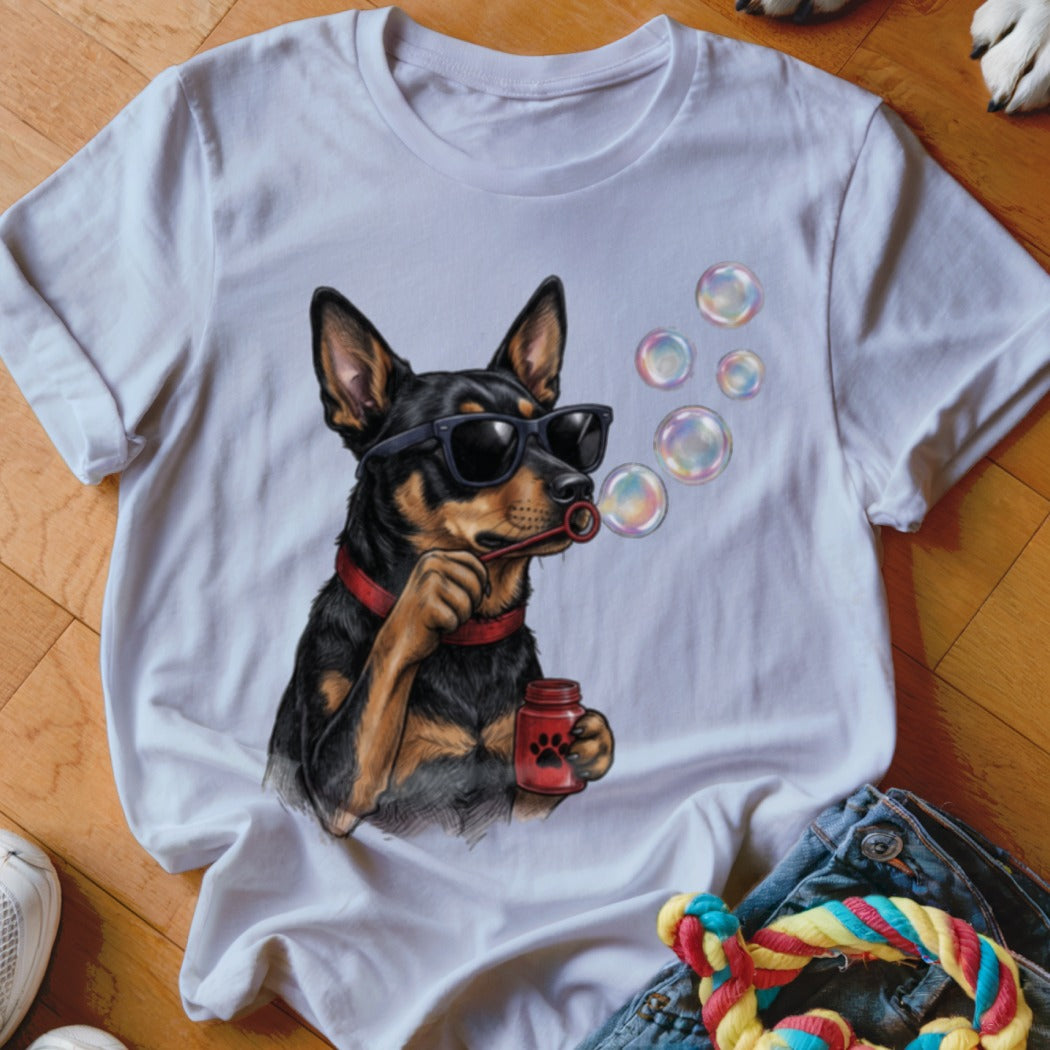 A white t-shirt featuring a graphic of a black dog wearing sunglasses and blowing bubbles.