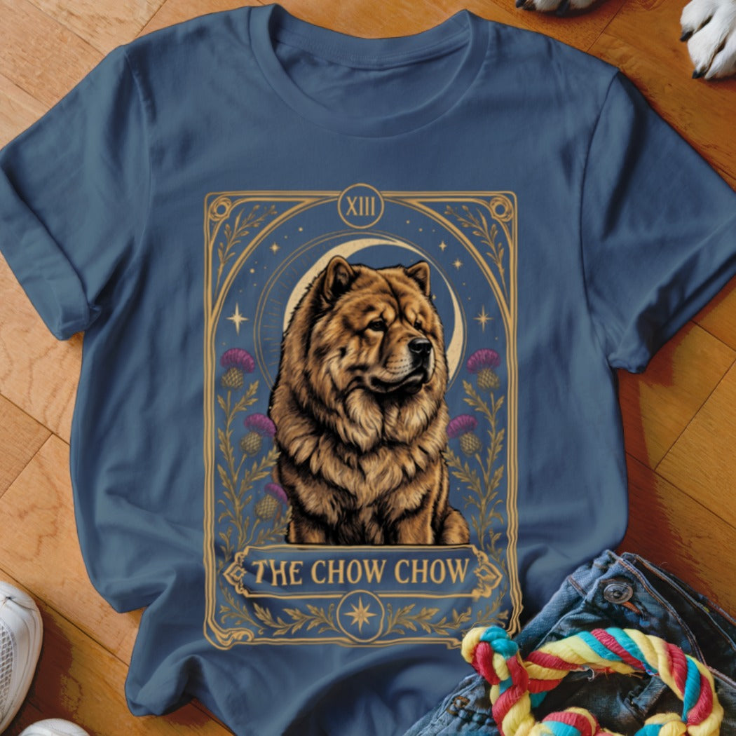 Dark blue t-shirt featuring a tarot card graphic of a Chow Chow and thistle flowers.