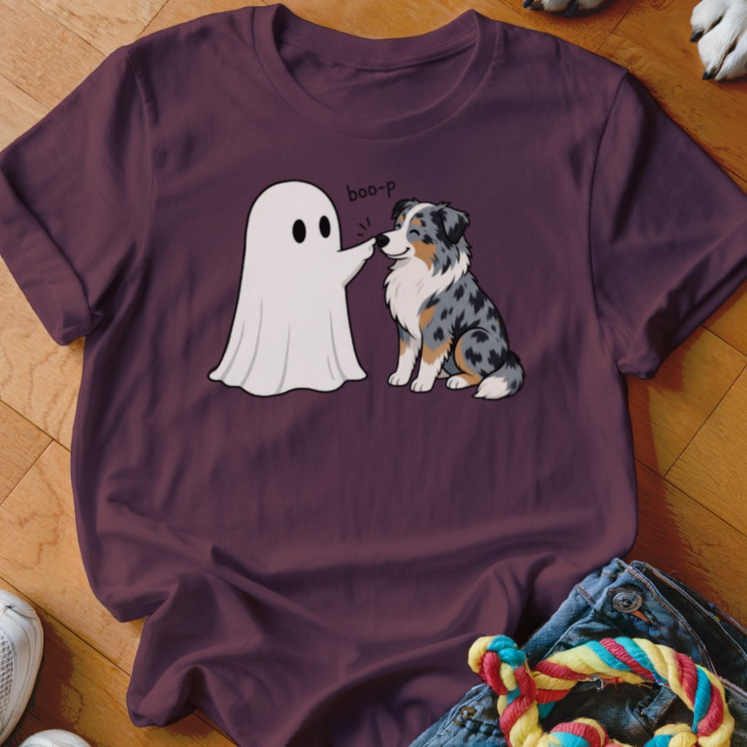 Ghost costume booping Australian Shepherd dog nose with "boo-p" text.