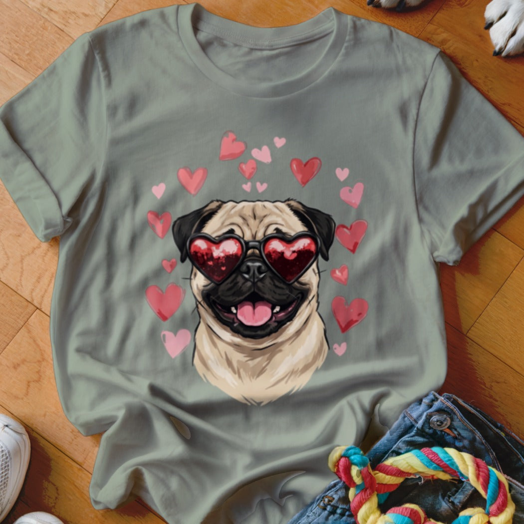 Sage green t-shirt featuring a cartoon pug wearing heart-shaped sunglasses, surrounded by pink hearts.
