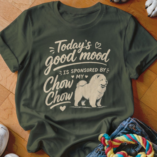 Green t-shirt with text "Today's good mood is sponsored by MY Chow Chow" and a drawing of a Chow Chow.