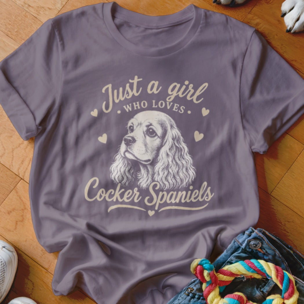 Grey t-shirt with Cocker Spaniel graphic and text "Just a girl who loves Cocker Spaniels".