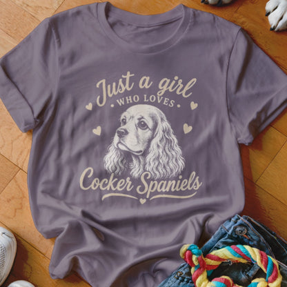 Grey t-shirt with Cocker Spaniel graphic and text "Just a girl who loves Cocker Spaniels".