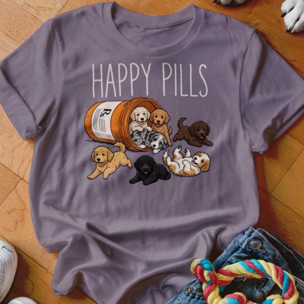 Puppies spilling from a pill bottle with text "Happy Pills" above.