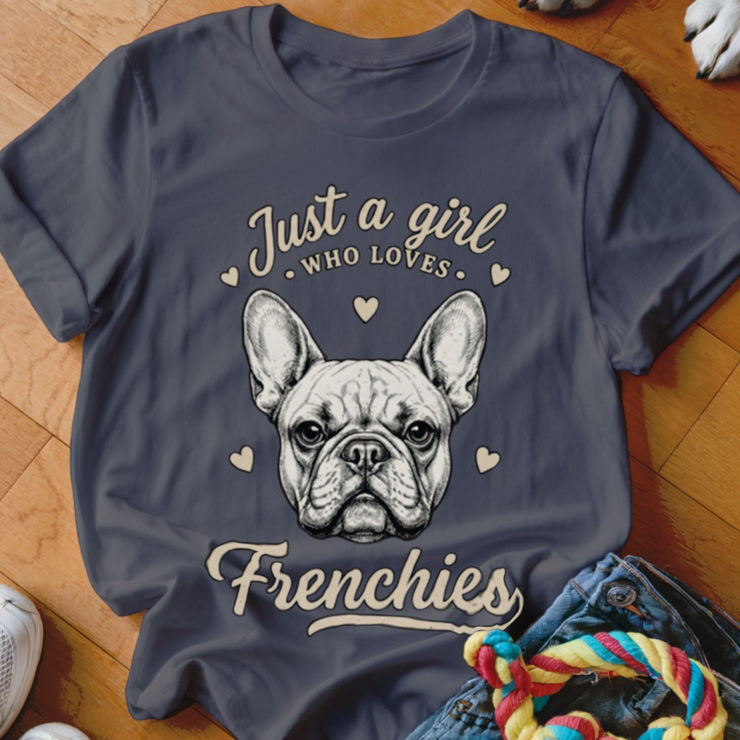 A dark gray t-shirt featuring a French bulldog graphic, surrounded by hearts and text.