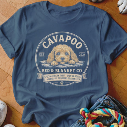 Navy blue t-shirt with "Cavapoo Bed & Blanket Co" and a puppy graphic.