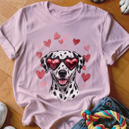 Light pink t-shirt featuring a Dalmatian wearing heart-shaped sunglasses surrounded by pink and red hearts.