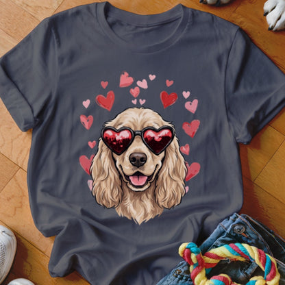 A dark gray t-shirt featuring a golden cocker spaniel wearing heart-shaped sunglasses surrounded by pink and red hearts.