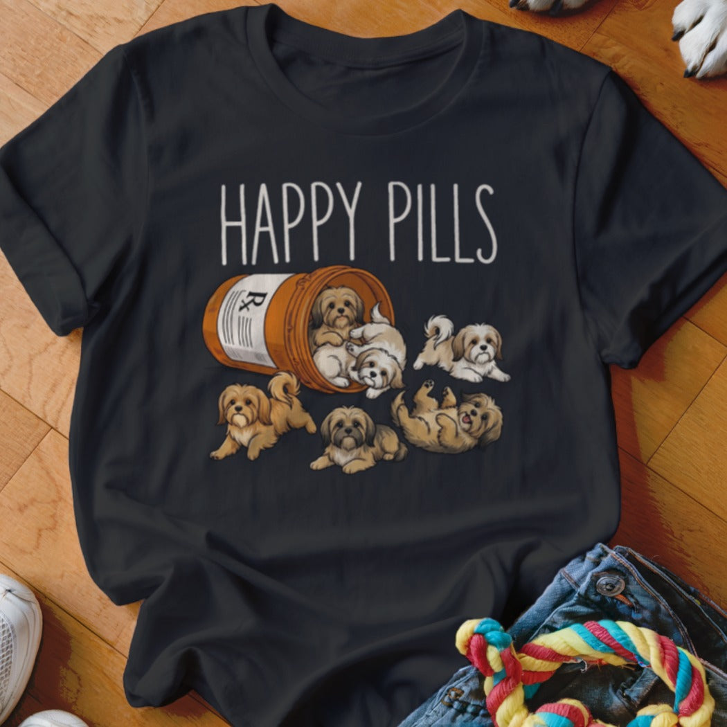 Black t-shirt with "HAPPY PILLS" text and cartoon Shih Tzus spilling from a medicine bottle.