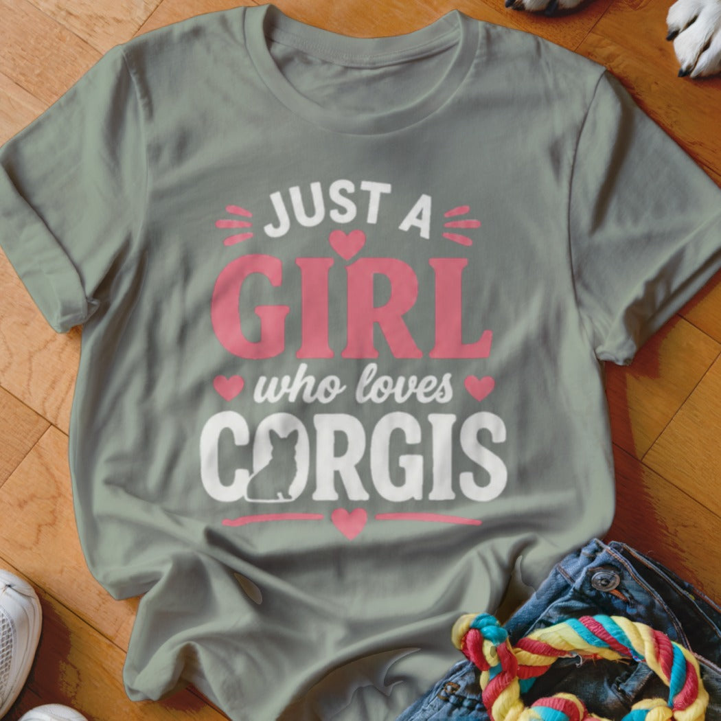 Grey t-shirt with "Just a Girl Who Loves Corgis" text and corgi silhouette.