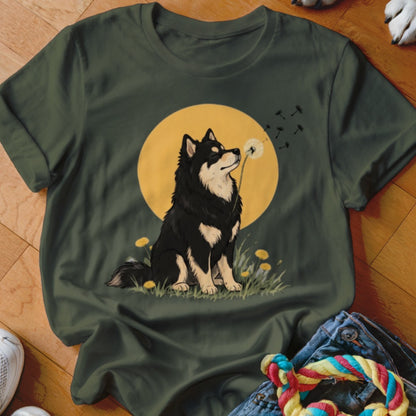 Dark green t-shirt featuring an illustrated black and tan dog blowing a dandelion against a yellow circle.