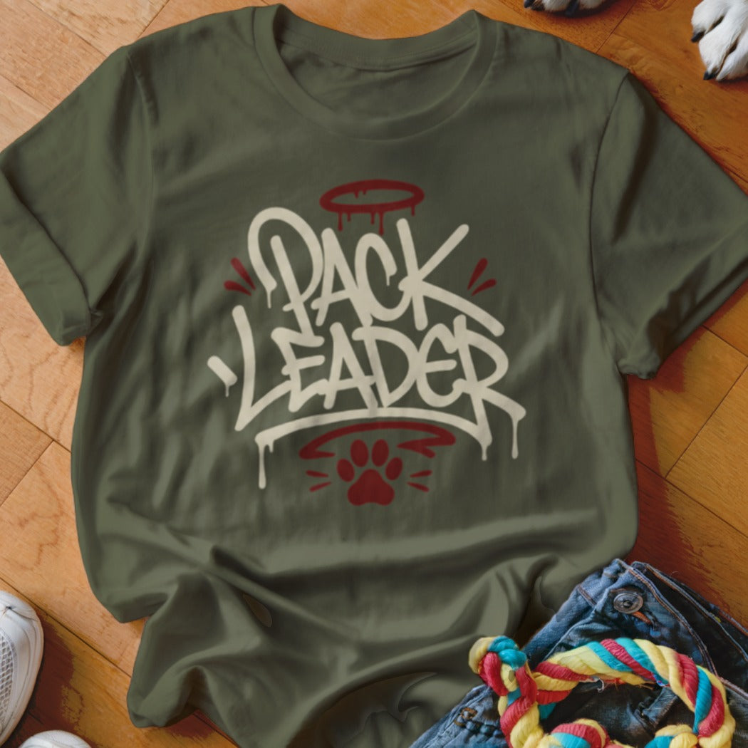Olive green t-shirt with "PACK LEADER" graffiti-style text and a paw print.