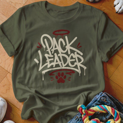 Olive green t-shirt with "PACK LEADER" graffiti-style text and a paw print.