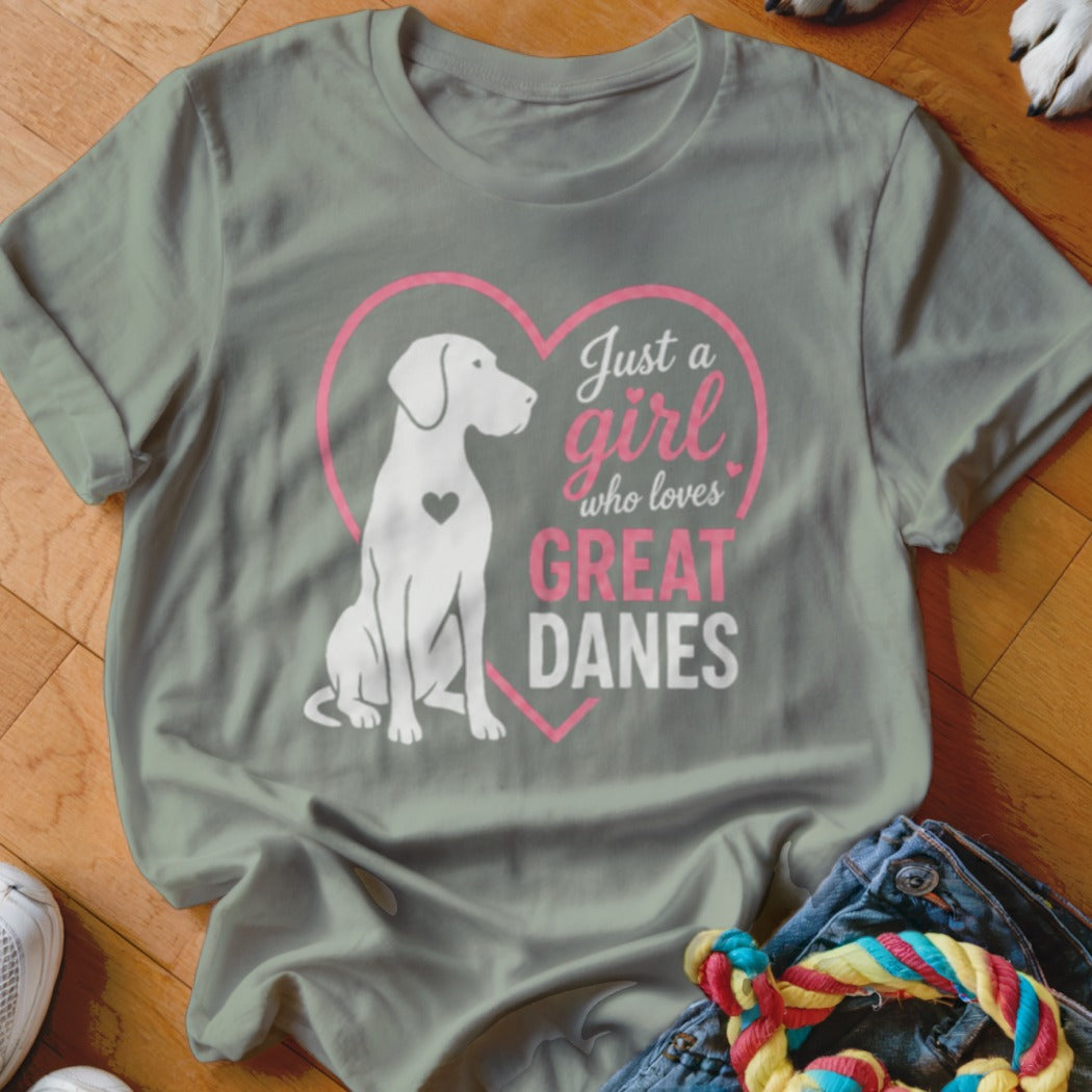 Gray t-shirt with white Great Dane graphic and text "Just a girl who loves GREAT DANES".