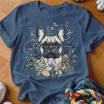 French bulldog portrait surrounded by botanical illustration and mushrooms on a blue t-shirt.