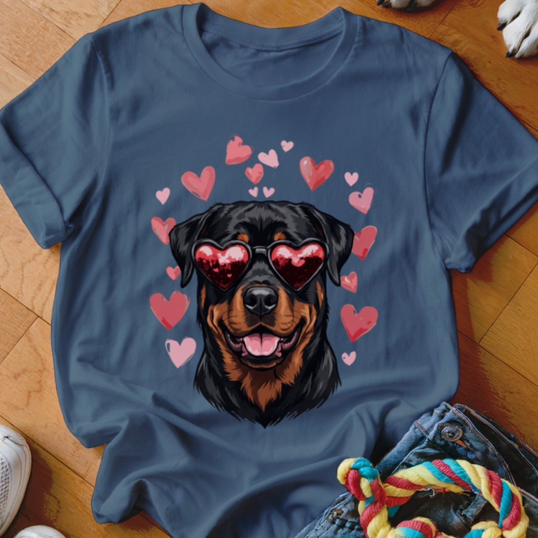 Blue crewneck t-shirt featuring a graphic of a Rottweiler wearing heart-shaped sunglasses surrounded by pink hearts.
