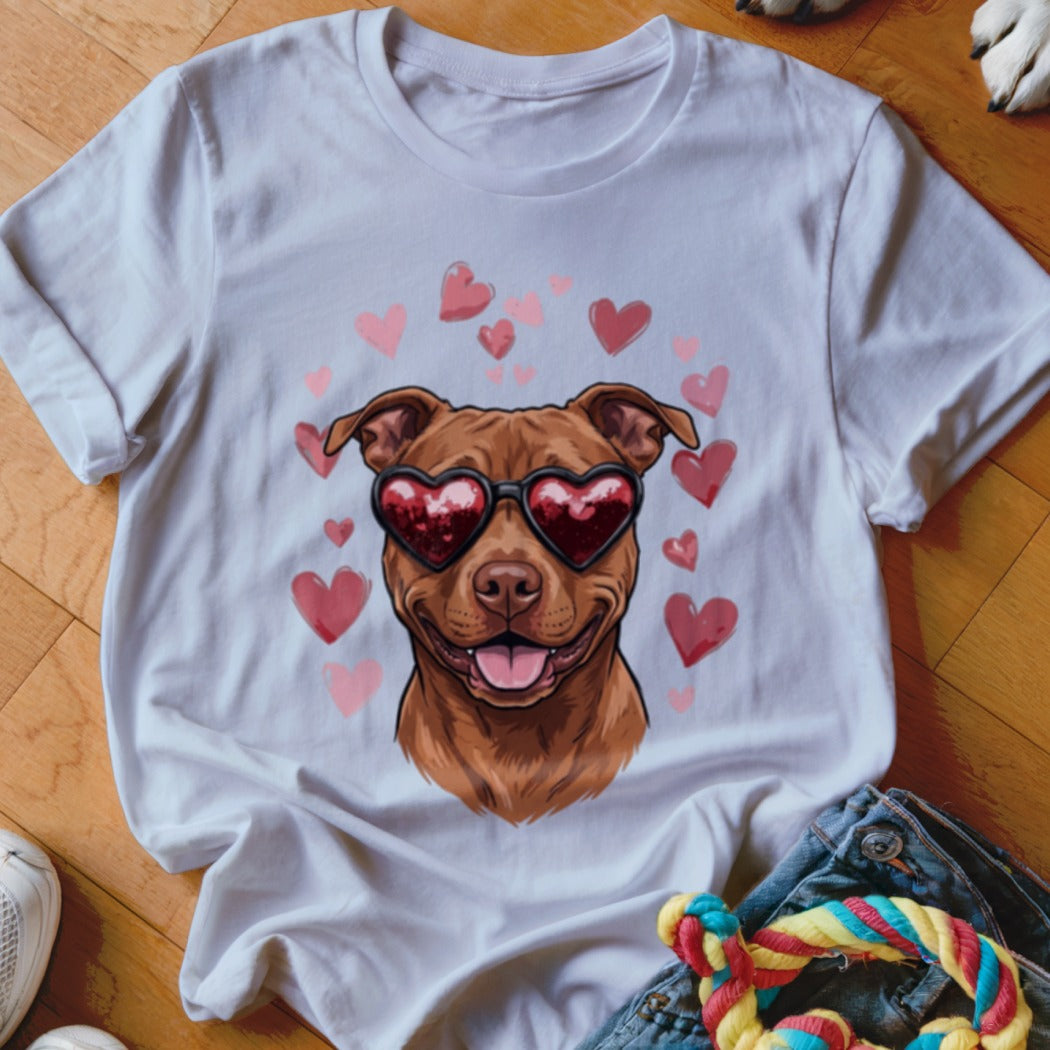 A white crewneck t-shirt featuring an illustration of a brown pit bull wearing heart-shaped sunglasses surrounded by pink hearts.