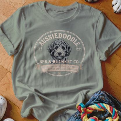 Aussiedoodle Bed & Blanket Co. t-shirt with dog illustration and funny slogan.