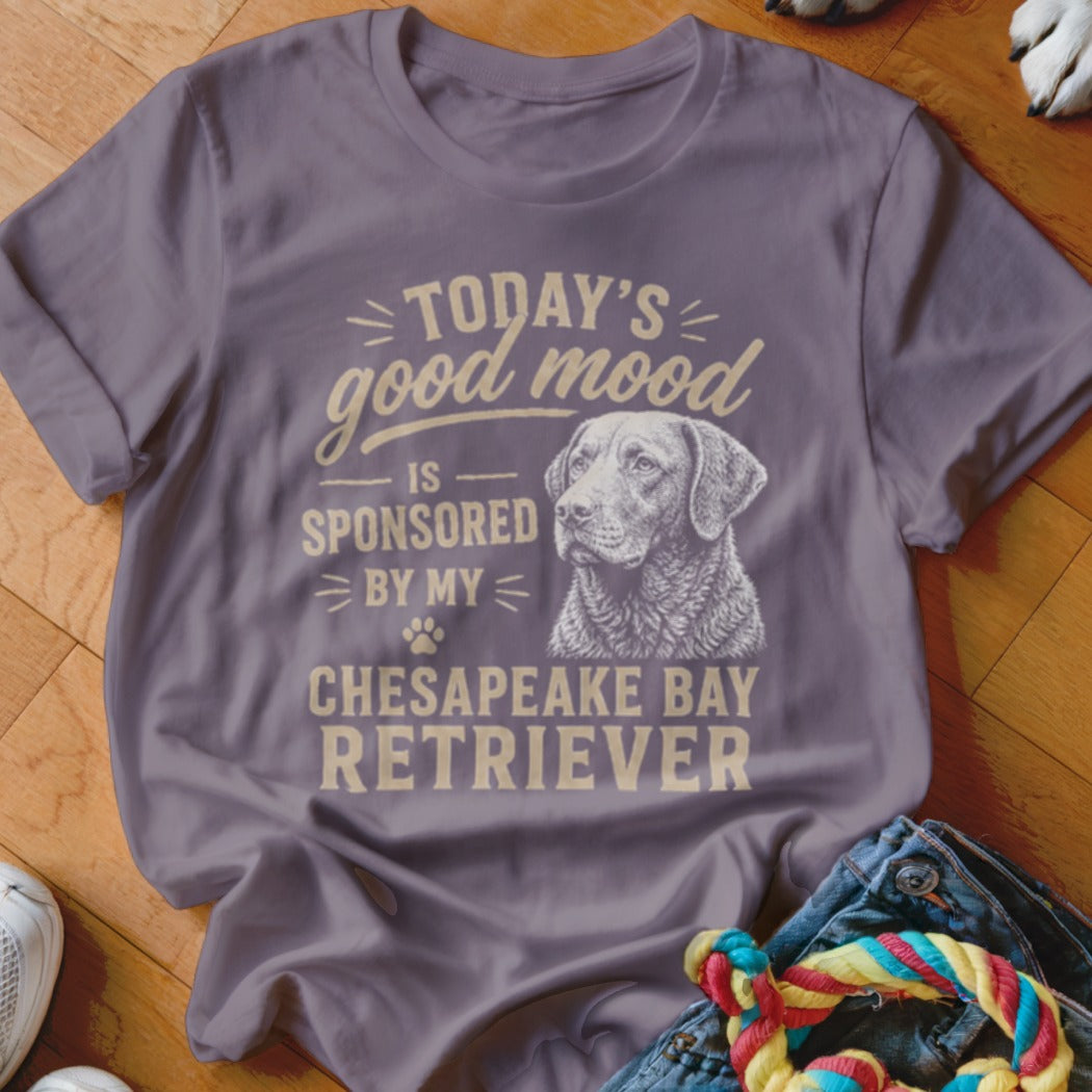 T-shirt with "Today's good mood is sponsored by my Chesapeake Bay Retriever" text and dog graphic.
