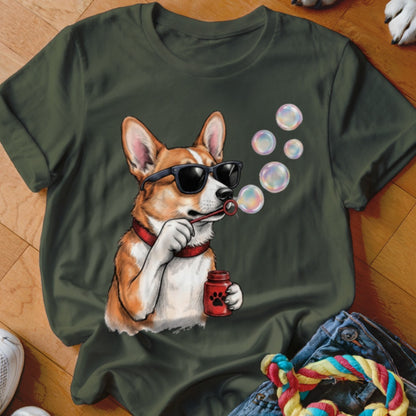Dark green t-shirt featuring a graphic of a corgi wearing sunglasses and blowing bubbles.