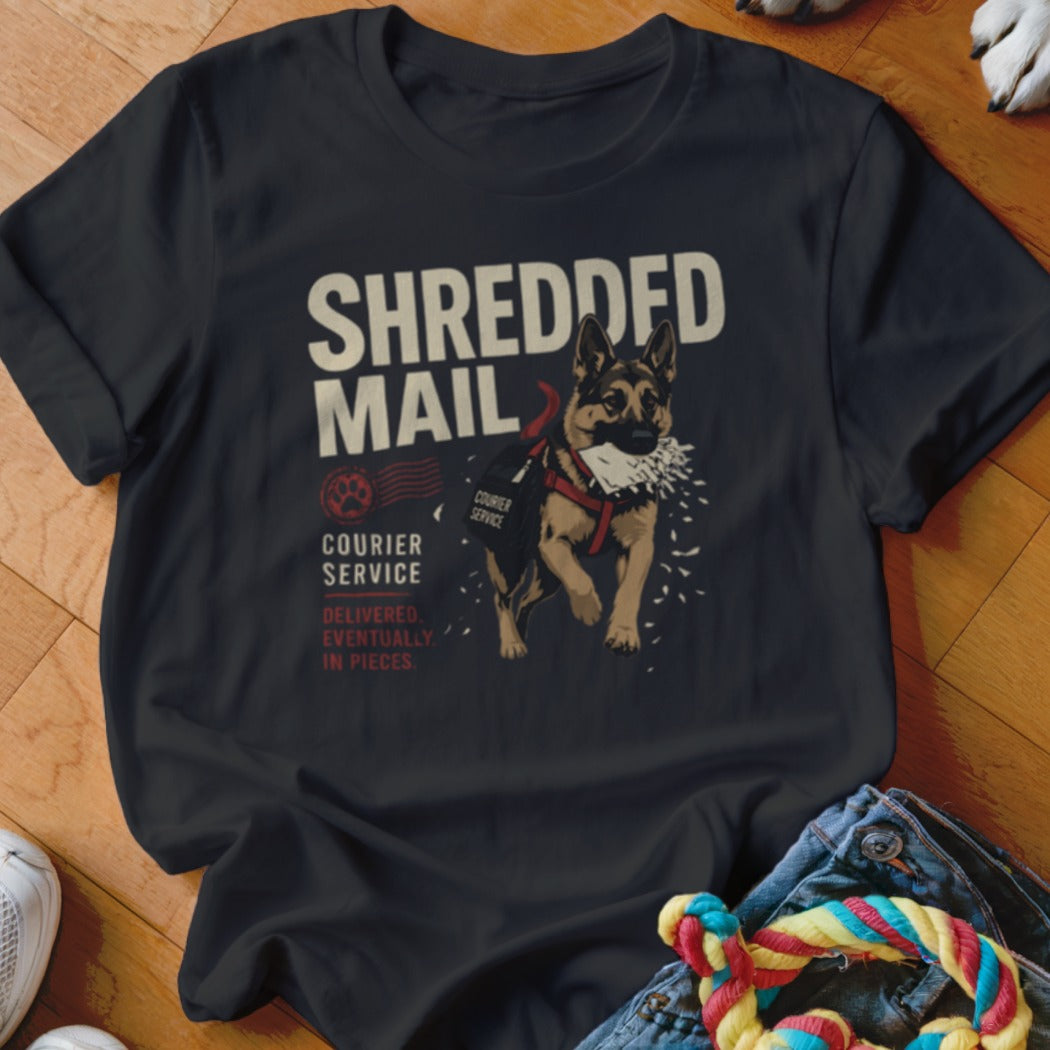 Black t-shirt with German Shepherd, "SHREDDED MAIL" and "COURIER SERVICE DELIVERED EVENTUALLY, IN PIECES."