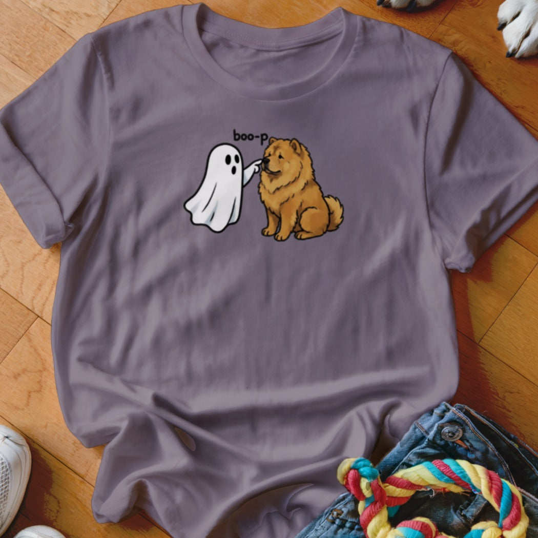 T-shirt graphic of a ghost touching a Chow Chow dog's nose with "boo-p" text.