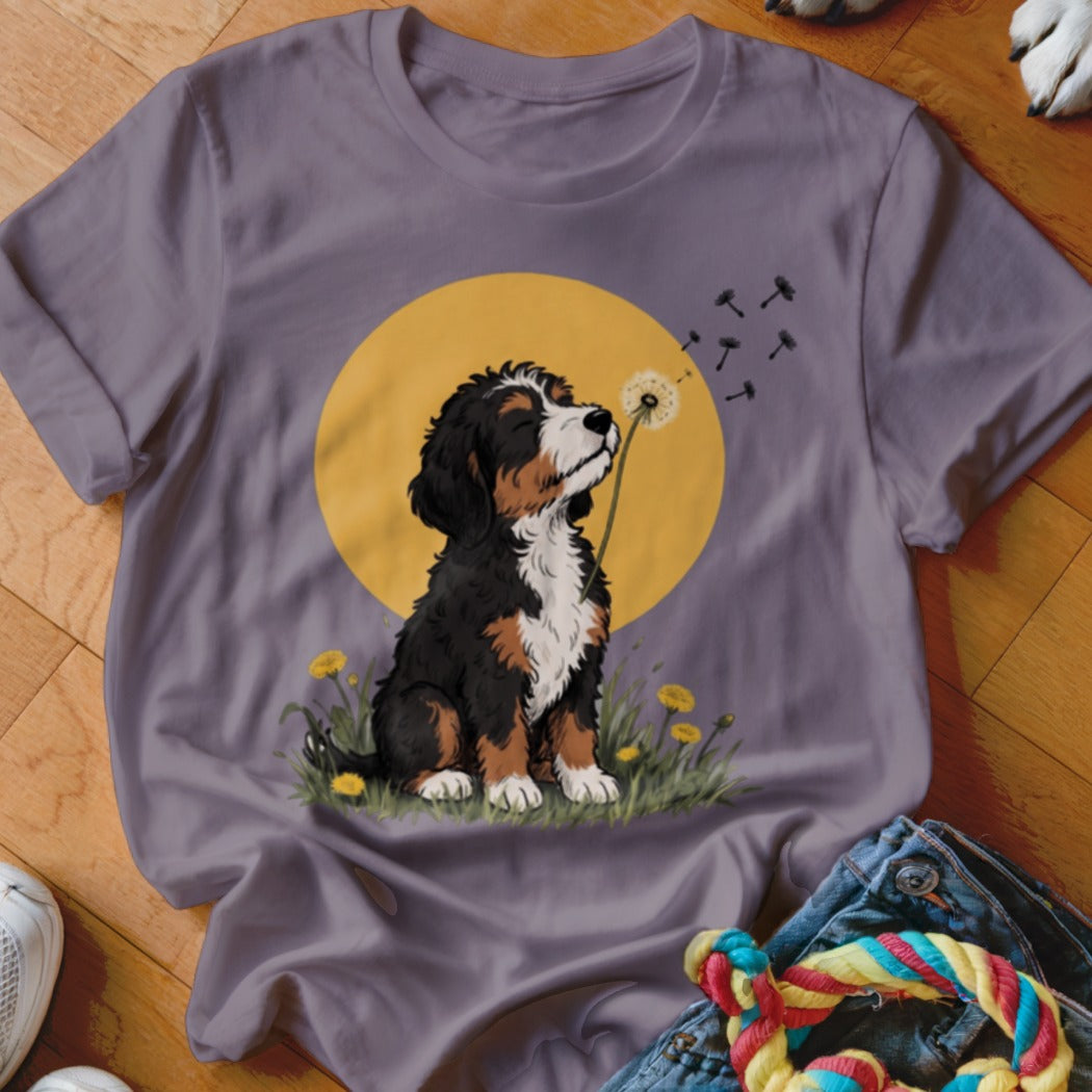A purple t-shirt featuring a graphic of a Bernese Mountain Dog puppy blowing a dandelion against a yellow circle background.
