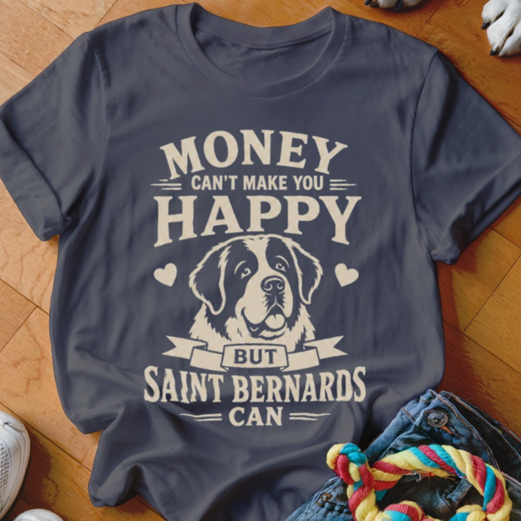 Dark blue t-shirt with text "Money can't make you happy but Saint Bernards can."