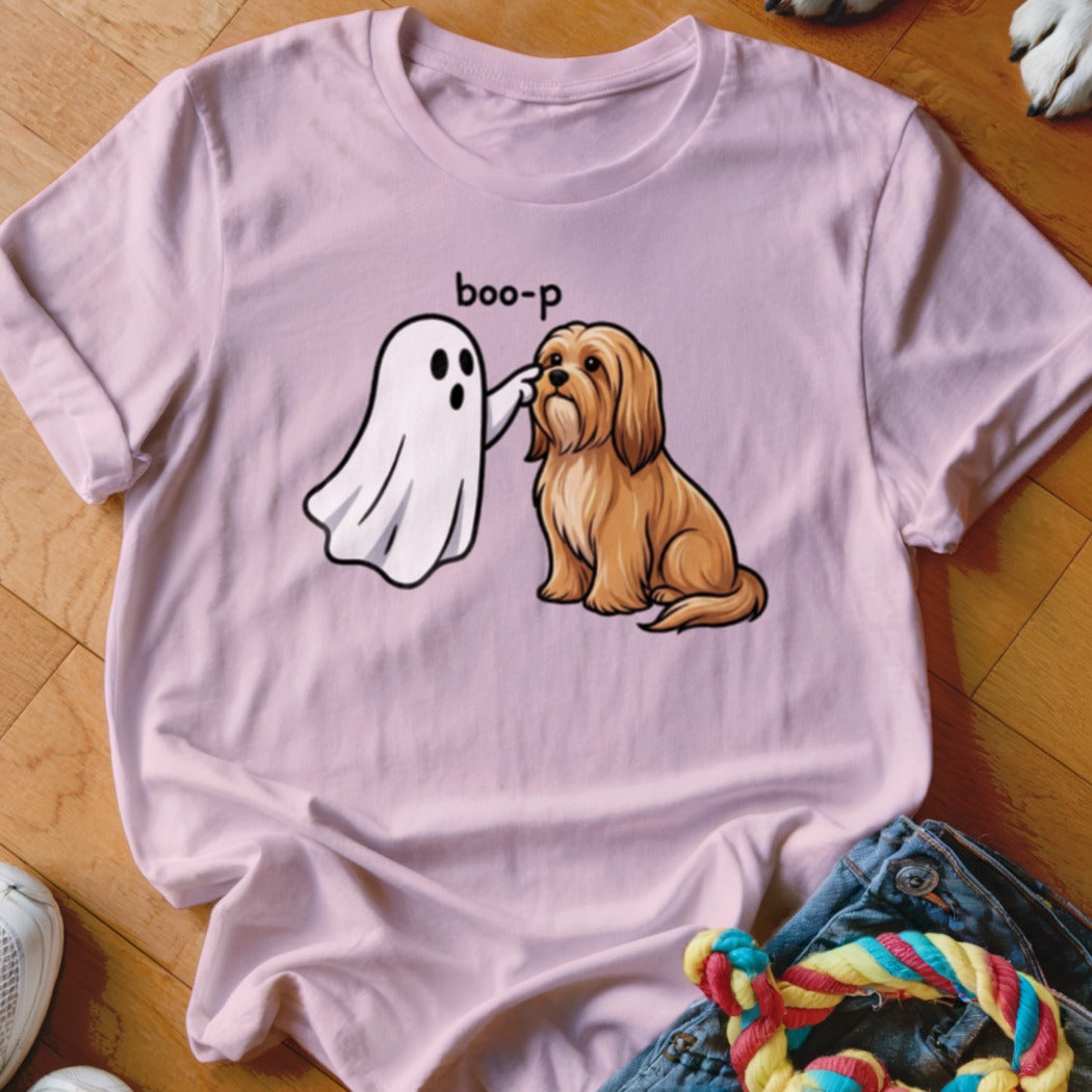 A ghost boops a golden dog with the word "boo-p" above.